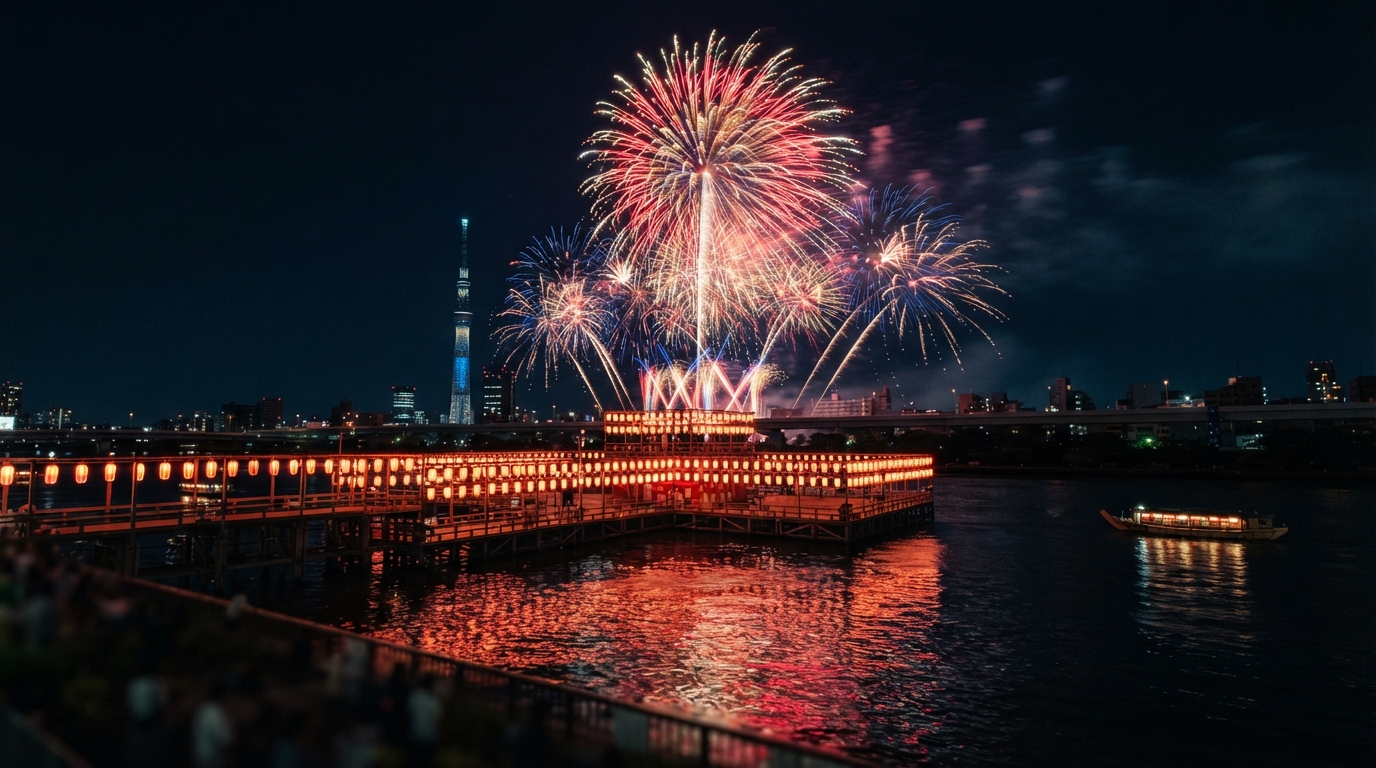 水上特設大櫓と夜空を彩る大輪の花火